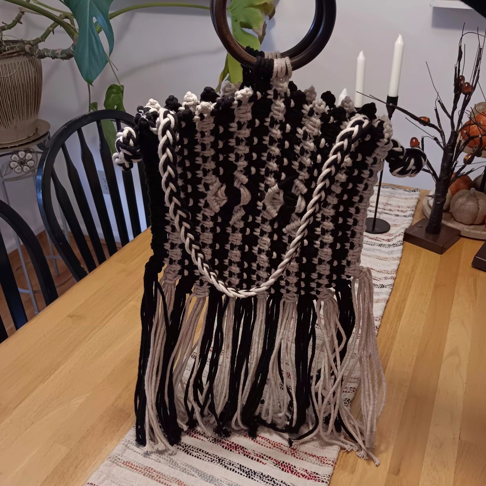 Black and Cream Woven Fringe Tote Bag